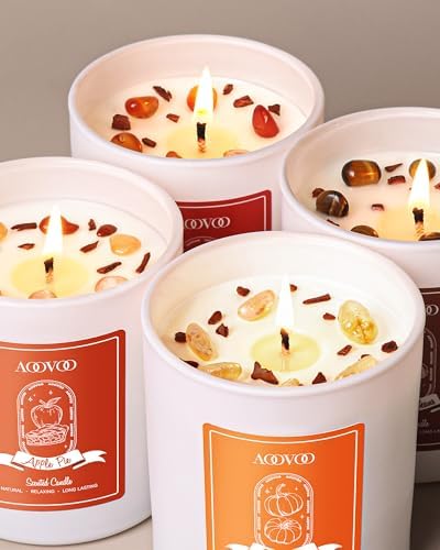AOOVOO Fall Candles Set for Women - Aromatherapy Candle with Crystals Inside, 28 oz 200 Hour Long Lasting, 4 Pack Candles for Home Scented, Autumn Fragrance of Apple Pie/Cinnamon/Pumpkin/Nutmeg Beans - Image 3