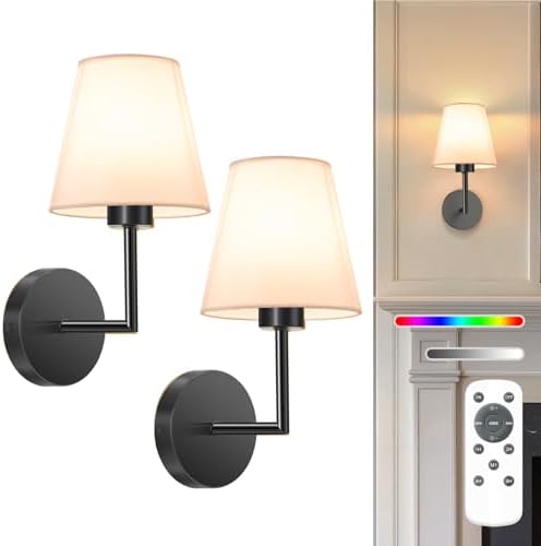 NIORSUN 13.8 inch Battery Operated Wall Sconce Set of 2,Black Rechargeable Wall Lights with 10400mAh Dimmable Detachable Bulbs and Remote,9 Colors Wireless Sconces for Bedroom Living Room Hallway by NIORSUN