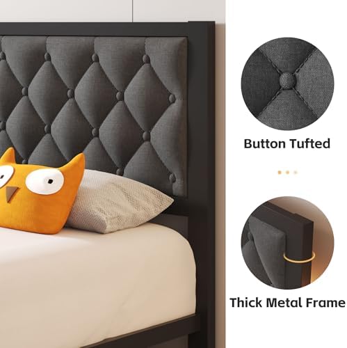 Fluest Twin Bed Frame with Headboard Linen Upholstered Bed Frame Platform,All Metal Slats Support Platform Bed Frame with Storage Space,Easy Assembly,Noise Free,No Box Spring Needed,Grey - Image 4