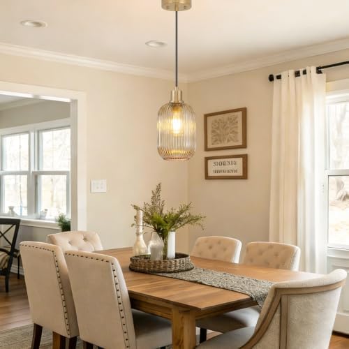 2 Pack Amber Cylinder Pendant Lights Kitchen Island with Ribbed Lampshade, Brushed Gold Hanging Light Fixture, Adjustable Pendant Lighting for Kitchen Island Sink Dining Room (Bulbs Not Included) - Image 3