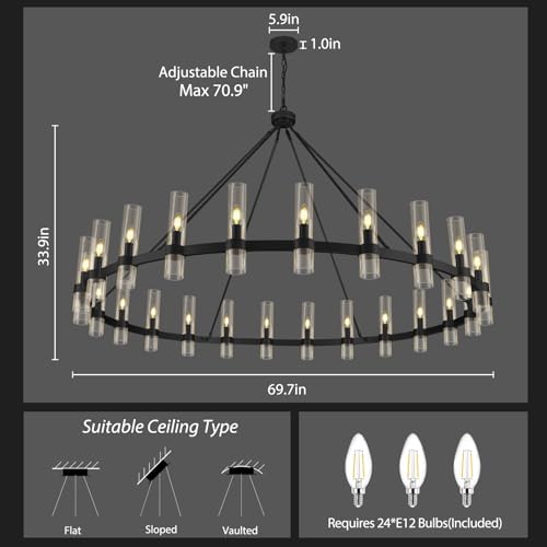 Black Wagon Wheel Chandelier, 70 Inch Glass Chandeliers, 24 Light Chandelier for High Ceiling, Modern Farmhouse Chandeliers for Living Room, Dining Room, Entryway, Stairwell(Bulbs Included) - Image 3