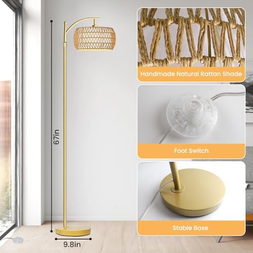 Yusist Arc Floor Lamp for Living Room,Farmhouse Floor Lamps with Remote Control & Dimmable Bulb,Gold Boho Rattan Tall Standing Lamp for Bedroom Office - Image 5
