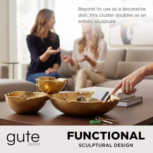 3 Cluster Decorative Bowls Bright Gold Brass Snack Tray Bowl Chip & Dip Serving Piece Strong Centerpiece Beautiful Room Accent & Entertaining Parties Home Decor Wedding Gifts 14.6 Inch Decorative Gift - Image 3