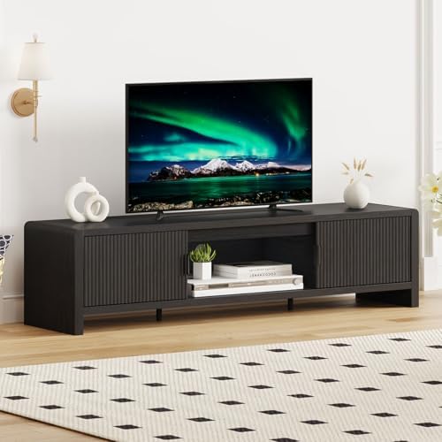 FATORRI TV Stand for 75/65/55 Inch TVs, Mid Century Modern Entertainment Center with Storage, Wooden Television Media Console Cabinet with Fluted-Door for Living Room, Bedroom (63 Inch W, Black) by FATORRI