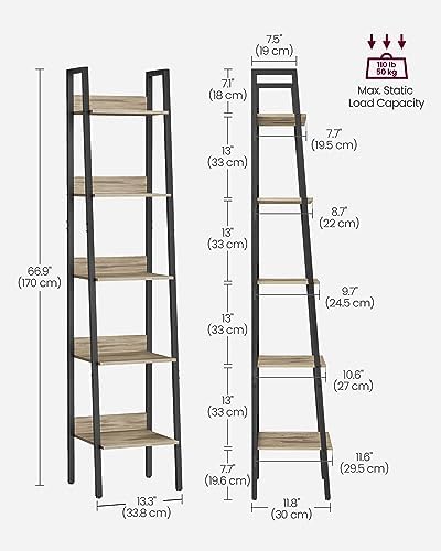 VASAGLE Bookshelf, 5-Tier Narrow Bookcase, Ladder Shelf - Image 2