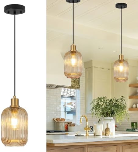 2 Pack Pendant Lights with Vintage Amber Ribbed Glass Lampshade, Adjustable Black and Gold Pendant Lights Fixtures for Kitchen Island Lighting Sink, Dining & Living Room Hallway (Bulbs Not Included) by BringBrightnesstoYourLife