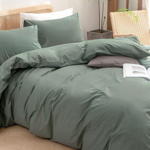 BESTOUCH Cotton Solid Duvet Cover Set Linen Feel Green Twin - Image 2
