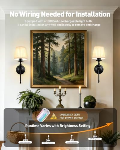 10000mAh Battery Operated Wall Sconce Set of 2,Rechargeable Wall Sconces set of Two,Vintage Black Sconces Wall Decor,Wireless Wall Lamp,Cordless Wall Lights Living Room Bedroom (Not Peel and Stick on) - Image 2