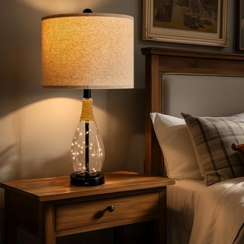 OYEARS Bedside Table Lamp with USB, 23‘’ Black Modern Nightstand Lamps for Bedroom, Retro Rattan Table Lamps for Night Stands, Living Room, Farmhouse Table Lamp with Glass Nightlight Lamps - Image 2