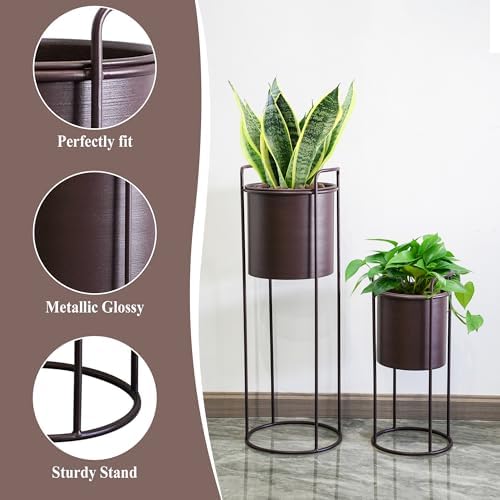 TRIROCKS Set of 2 Tall Metal Planters with Stands Metal Planter for Indoor Plants 28 &18" H Plant Pots for Living Room Corner Kitchen Office Garden Balcony Patio Decor(Brown) - Image 4