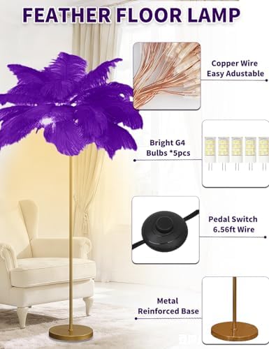 Feather Floor Lamp,Fluffy Ostrich Feather Floor Lamp for Bedroom,3 Color Temperatures Led Corner Modern Floor Lamps for Living Room Christmas Home Decor House Warming Gifts,63″ Height (Deep Purple) - Image 4
