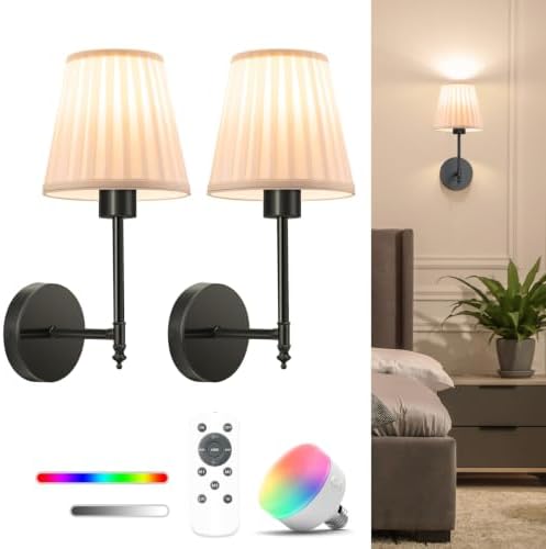 NIORSUN 14.5 inch Battery Operated Wall Sconce Set of 2,Beige-Black Rechargeable Wall Lights with 10400mAh Dimmable Bulbs and Remote, 9 Colors Wireless Wall Lamps for Bedroom Living Room by NIORSUN