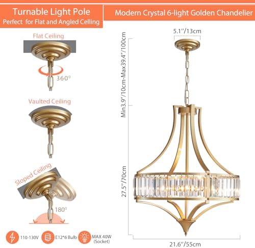 21.6" Gold Crystal Chandeliers Modern Vintage Chandelier with Round Metal Shade Art Deco 6-Light Large Dining Room Light Fixture for Kitchen, Dining Room, Hallway, Bedroom, Foyer - Image 3