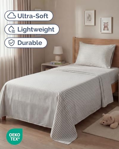 Twin Size 3 Piece Sheet Set - Breathable & Cooling Sheets - Grey Stripes - Image 2