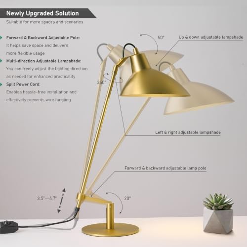 Desk Lamp Modern Industrial 100% Metal Adjustable Table Lamp 24", Natural Light (4000K) with Dimmer, Ideal for Office Bedroom Study Room Living Room Nightstand Bedside Lamps Brass - Image 3