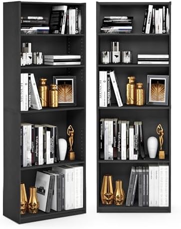 Furinno Jaya 5-Tier Book Shelf with Adjustable Shelves Set of 2, Darkwood - Image 3