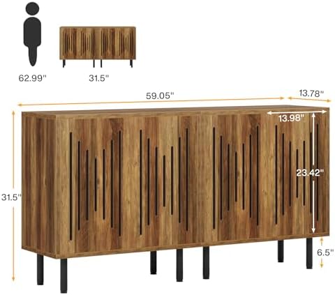 Tribesigns Set of 2 Sideboard Buffet with Storage, 59" Buffet Sideboard Cabinet with Adjustable Shelves, Accent Storage Cabinet for Living Room, Rustic Brown - Image 2