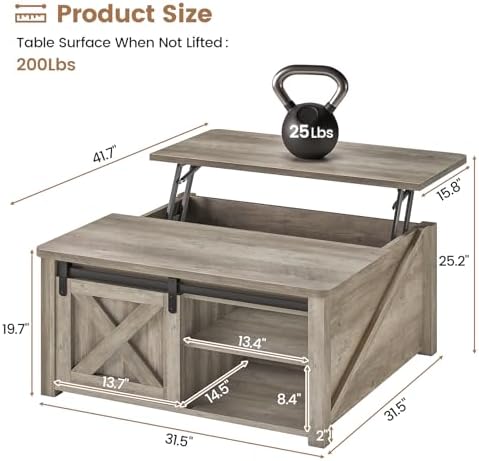 SEDETA 31.5" Lift Top Coffee Table with Storage, Square Coffee Tables for Living Room, Farmhouse Coffee Table with Large Hidden Storage Compartment and Adjustable Shelves, Grey - Image 2