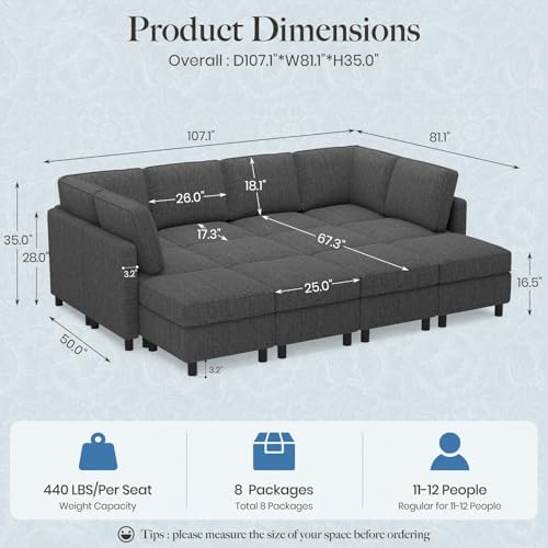 Belffin 110.2" 12 Seats Modular Sectional Sofa Sleeper Sofa Big Washable Sectional Couches for Living Room Comfy Couches with Storage Seat Couch Sofas with Chaise,Dark Grey - Image 2