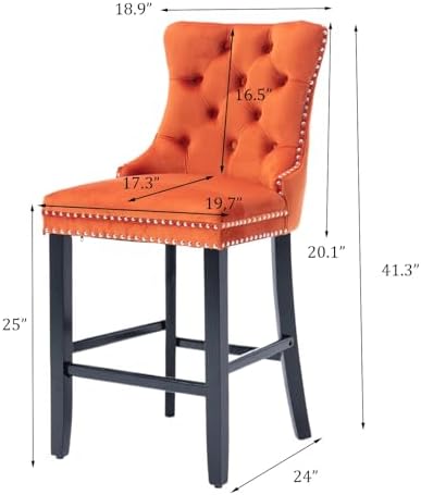SoarFlash Modern Velvet Upholstered Bar Stools Set of 6 with Wood Legs, Button Tufted,Chrome Nailhead, Counterstool Seat, Armless Bar Chairs (Orange) - Image 2