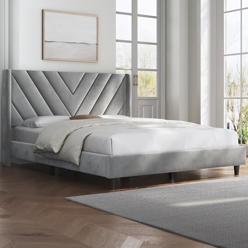 Yaheetech Full Bed Frame with Chevron Channel-Tufted Headboard, Light Gray - Image 3