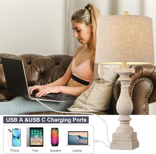 BOBOMOMO Retro 27" USB Charging Ports A/C Wash-White Farmhouse Lamps for Bedrooms Side Table Lamps Bedside Lamp for Nightstand Living Room 1 Pack (Blubs not Included) - Image 6