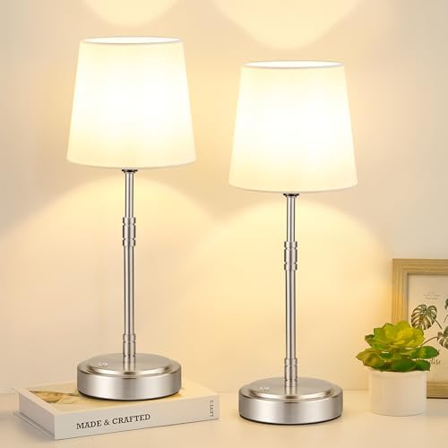 Cordless Table Lamps Set of 2 – Battery Operated Lamp with 7500mAh Rechargeable Battery, Stepless Dimmable Vintage Brushed Nickel Touch Desk Lamps for Dining Room, Nightstand & Patio (Bulbs Included) by BringBrightnesstoYourLife