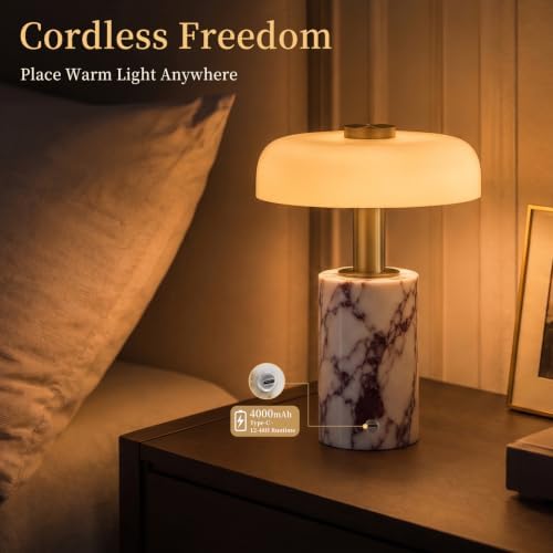 Marble Lamp,Cordless Table Lamp with Glass Shade,Rechargeable Touch Dimming - Image 3