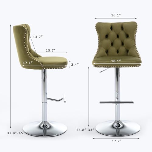 SoarFlash Velvet Bar Stool Set of 4, Adjustable Swivel Bar Stools with Silver Plated Metal Leg, Button Tufted, Footrest, Chrome Nailhead, Pub Chair for Kitchen, Bar, Dining Room (Olive Green) - Image 2