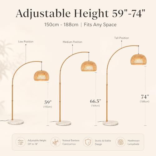 Boho Bamboo Arc Floor lamp, Tall Standing Lamp for Living Room - Image 7