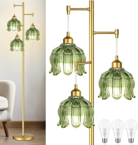 Vintage Floor Lamps for Living Room Bedroom-3 Light Gold Floor Lamp with Glass Lampshape, Flower Green Tall Lamp Mid Century Modern Standing Lamp Tree Floor Lamp for Bedroom Living Room Corner by Unknown