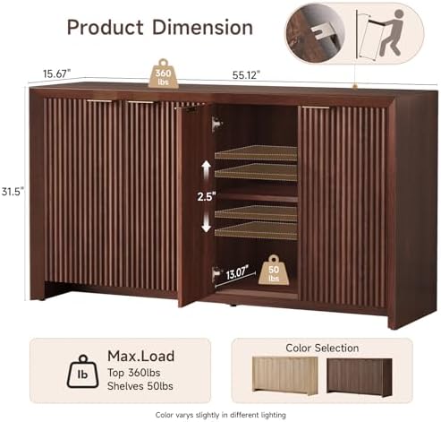 ONBRILL Modern Fluted Sideboard Buffet Cabinet with Storage, Dark Walnut - Image 2