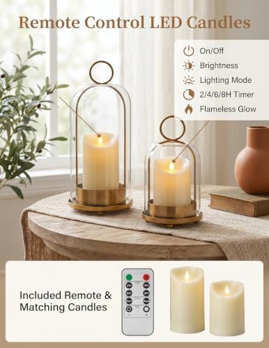 Brass Candle Holder Set of 2, Hurricane Glass Candle Holders with Flameless Candles, Glass Dome Candle Holder for Wedding, Holiday, Fireplace and Table Decor - Image 5