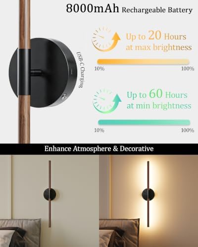 40" Battery Operated Wall Sconce Set of 2, 350° Rotating Lamp, Walnut Black - Image 4