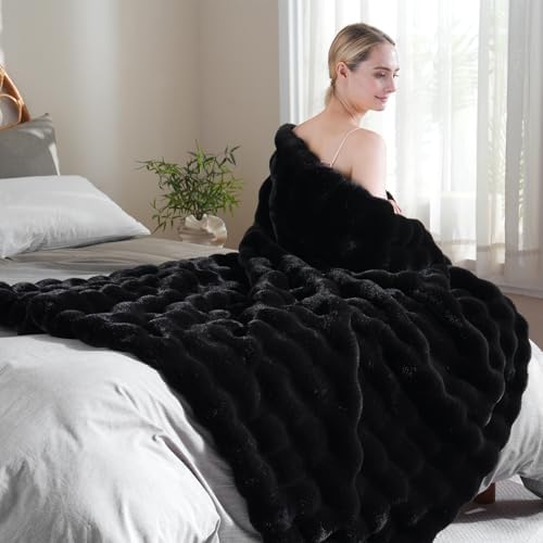 BENVWE Faux Fur Throw Blanket for Couch - Thickened Fluffy Soft Bubble Blanket for Living Room Home Decor - Fathers Day Birthday Gifts for Women Men, Black, 50" x 60",1300GSM - Image 6