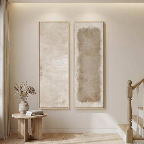Large Framed Beige Cream Abstract Vertical Wall Art for Hallway, 2 Piece by Cuspin