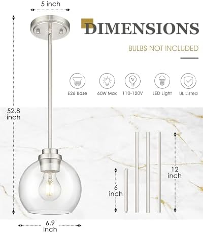 Pendant Lights Kitchen Island 2 Pack, 7" Modern Brushed Nickel Hanging Lights Fixtures with Clear Glass Globe Shade, Kitchen Island Lighting for Bathroom, AD-22280-1P2-SN-C - Image 2