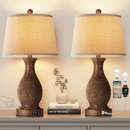 PARTPHONER Table Lamps Set of 2, Bedside Touch Lamp with USB C+A Charging Ports, Side Table Lamp with Linen Fabric Shade (LED Bulbs Included), Wood by PARTPHONER