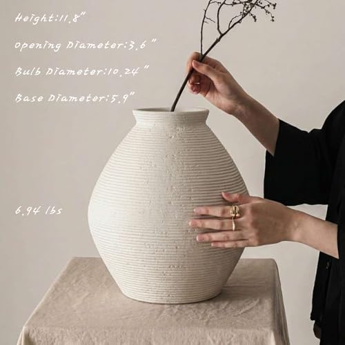 Large White Distressed Ceramic Vase, Rustic Ribbed Textured Floor Vase for Living Room Decor, Handmade Modern Farmhouse Vase for Pampas Grass (Cool-White) - Image 2
