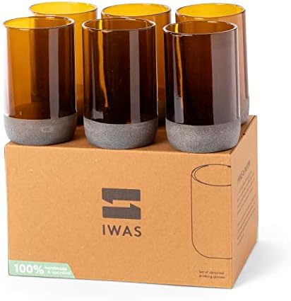 IWAS Upcycled Tall Auburn Drinking Glasses | 350 ML | 12 OZ | Set of 6 | Sustainable Water and Juice Glass For Home | Light Brown Cup | Thick High Ball Modern Amber Glassware | Better Than Recycled by IWAS