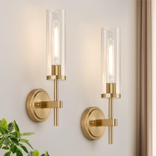 [Hardwired] Wall Sconces Set of Two, Brushed Gold Bathroom Sconces with Clear Glass, Modern Wall Light Fixtures for Bathroom Mirror Vanity, Living Room, Bedroom, Hallway, Stairway, Cabinet, Foyer by Bathroomlightfixtures