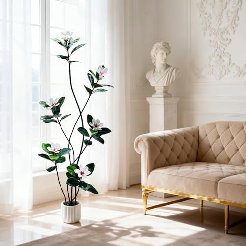 7FT Tall Lifelike Artificial Magnolia Tree with 6 Pcs Magnolia Flowers in White Planter Pot, Rubber Tree Faux Plants Indoor Artificial Plants & Flowers for Home Office Living Room Decor - Image 7