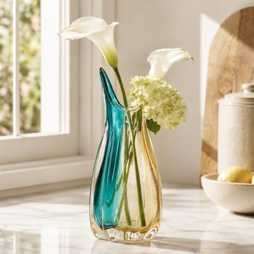 Hand Blown Teal Amber Colorblock Glass Vase, Modern Home Table Centerpiece - Image 5