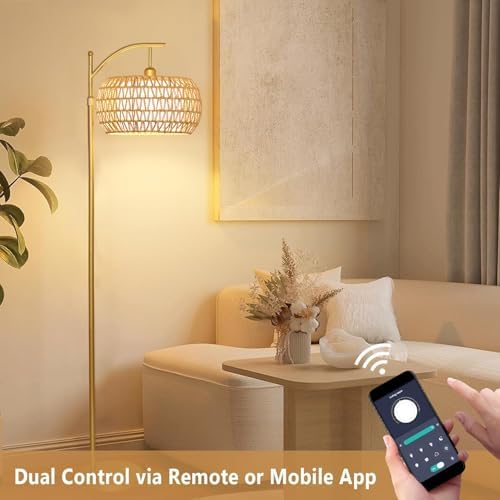 Gold Floor Lamp for Living Room with 3 Color Temperatures,Arc Boho Floor Lamps with Remote Control, Rattan Standing Lamp with Wicker Lamp Shades Dimmable Tall Floor Lamp For Bedroom Living Room Corner - Image 4