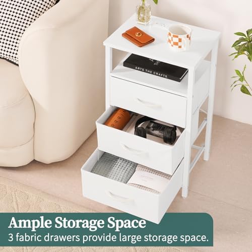 Yoobure Night Stand with Charging Station, White Nightstand with 3 Fabric Drawers & USB Ports and Outlets, LED End Table and Storage Shelf, Small Dresser for Bedroom, Bedside Table for Small Space - Image 4