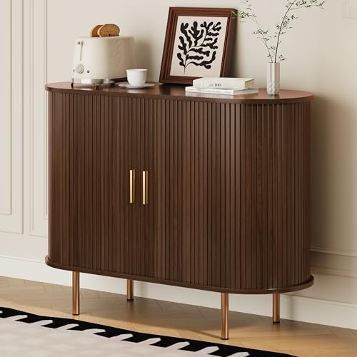DHH Sideboard Buffet Cabinet with Storage,Mid Century Modern Fluted Accent Coffee Bar Console Table,Tambour Sliding Doors& Adjustable Shelf for Kitchen, Living Room, Entryway(Walnut, 40Inch) by DHHFurnitureBuyNow