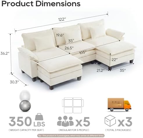 URRED Oversized Modular Sectional Sofa，White：122" U Shaped - Image 2