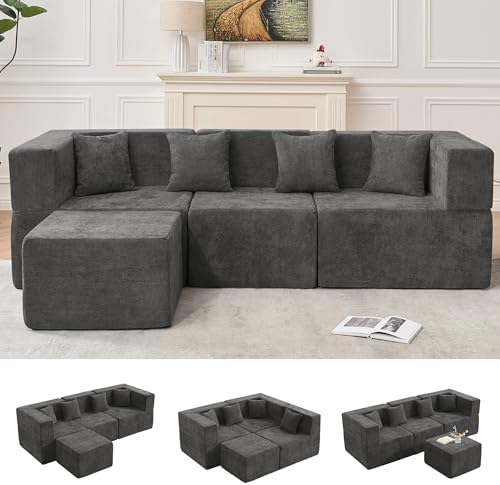 MONVANE 103'' Modular Sectional Sofa, Comfy Chenille Cloud Couch with Ottoman, Modern Convertible L Shaped Couch with Deep Seat, Sectional Couches for Living Room, Bedroom and Apartment, Grey by MONVANE