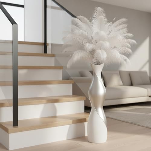 Matte White & Silver Modern Floor Vase, 24" Tall Dual-Tone Decorative Vase for Pampas Grass, Dried Flowers, Feathers, Contemporary Home Decor for Living Room, Bedroom, Entryway - Resin Design - Image 3