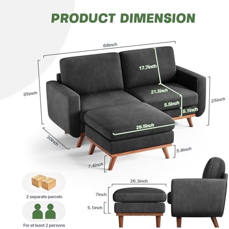 Vesgantti 68" Loveseat Sofa with Movable Ottoman, Comfy Corduroy Couch with Spring Cushion, Sofa Couch with Solid Wood, Modern Office Sofa with Deep Seat for Living Room and Bedroom, Black - Image 2